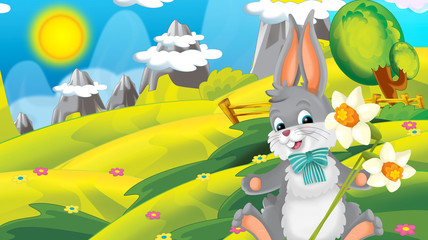 cartoon happy easter rabbit with beautiful flowers on nature spring background - illustration for children