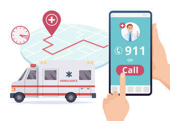 Ambulance service. Urgent 911 hospital emergency call vector concept. Illustration of emergency 911 telephone assistance © ONYXprj