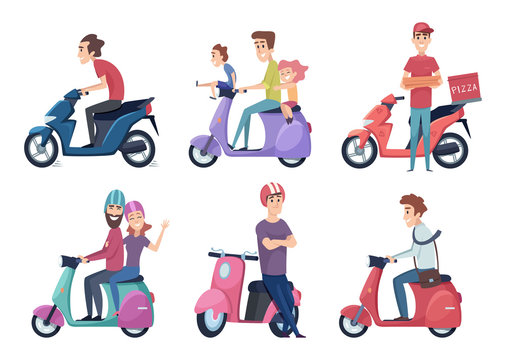 Man ride motorcycle. Fast bike scooter for delivery pizza or food travelers couple driving moped vector pictures. Family on moped, woman and man driver illustration