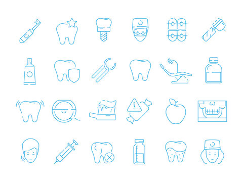 Stomatology icons. Dental teeth protection orthodontics mouth caries extraction vector healthcare thin line symbols. Dental and tooth, medicine stomatology icons illustration