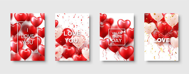 Valentines Mothers day modern abstract card template poster or banner with red heart balloons. Romantic wedding love background. Vector set.