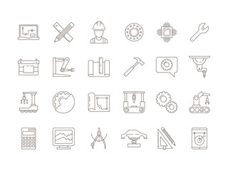 Engineering symbols. Manufacturing civil chip mechanical electrical tools vector thin line icon collection. Illustration of mechanical tool and engineering manufacturing