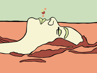 Unique llustration of swimming woman with pale face, green lips and eyebrows, brown hair. Surreal portrait with colorful circles. Art for poster or priint