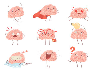 Brain characters. Cartoon mascot making different sport exercises brain activities vector pictures. Illustration of brain mascot, think and funny