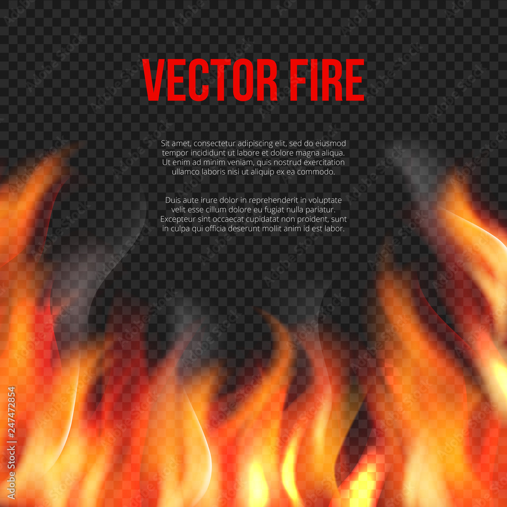 Poster fire background. light of blazing flame on transparent background vector explosion vector template. 