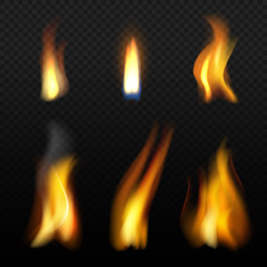 Fire flame template. Realistic fuego effects candlelight with orange smoke vector realistic isolation. Fire hot, bonfire realistic, fiery and flame illustration