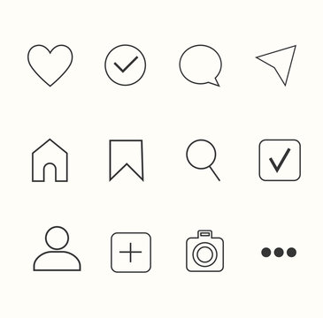 Social media interface set buttons, icons: home, camera, comment, search, photo camera, heart, like, user story. Vector illustration. Instagram Style. EPS 10
