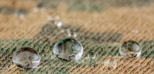 Water droplets on moisture resistant fabric Close up