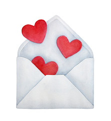 White paper envelope filled with little bright red flying hearts. Symbol of "I love you very much" message, St. Valentine's Day. Hand drawn water color graphic illustration, cutout clip art element.