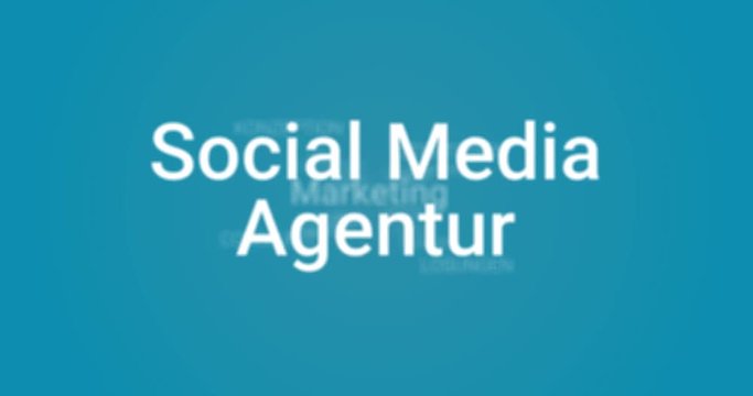 Intro welches die Leistungen einer Social Media Agentur zeigt (z.B. Marketing, Konzeption, Strategie, L&ouml;sungen). Blauer Hintergrund, wei&szlig;er Text