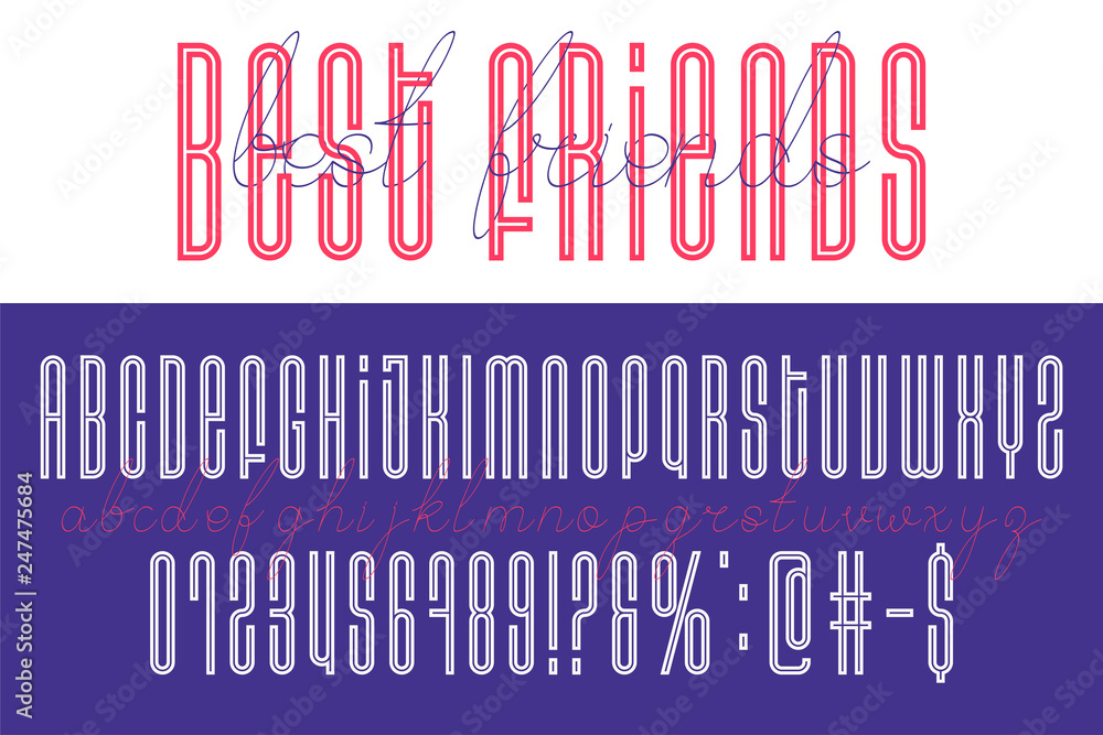 Aufkleber handmade long geometric alphabet font in tow style. hand drawn duo script and display type.
