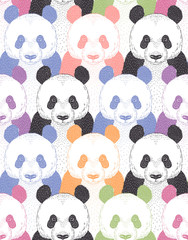 pop art style vector seamless pattern with cute colourful panda portrait