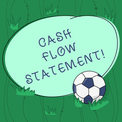 Handwriting text writing Cash Flow Statement. Concept meaning financial measures cash generated used by company period Soccer Ball on the Grass and Blank Outlined Round Color Shape photo