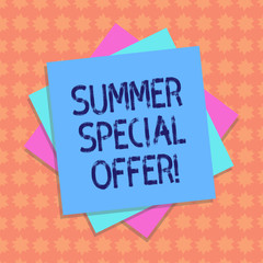 Writing note showing Summer Special Offer. Business photo showcasing product or service that is offered at a very low price Multiple Layer of Sheets Color Paper Cardboard with Shadow