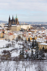Obraz premium Snowy Prague City with gothic Castle from Hill Petrin in the sunny Day, Czech republic