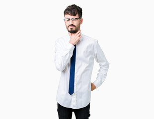 Young handsome business man wearing glasses over isolated background Touching painful neck, sore throat for flu, clod and infection