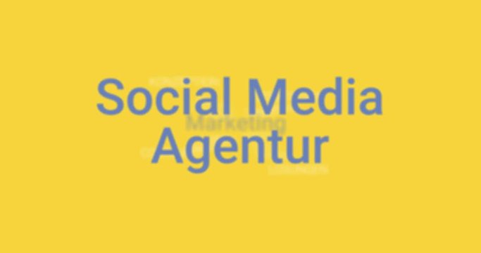 Animation welche das Portfolio einer Social Media Agentur zeigt (z.B. SEO, Sichtbarkeit, Ranking, Suchmaschine, Optimierung). Gelber Hintergrund, blauer Text