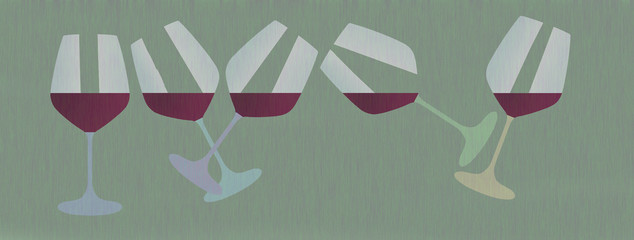 Five wine glasses containing a red wine are seen in an  illustration isolated on a white background that allows room for text.