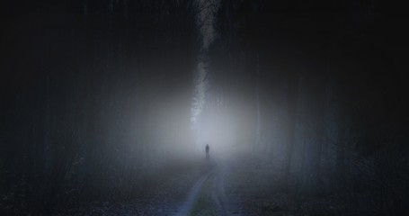 Surreal horror scene with alone strange man in dark night forest