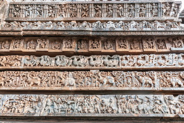 Halebidu, Karnataka, India - November 2, 2013: Hoysaleswara Temple of Shiva. Stack of ribbons of...