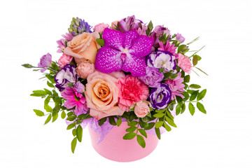 Bright buketny composition from fresh flowers, the white isolated background