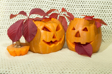 two amusing pumpkins in a crimson autumn leaf