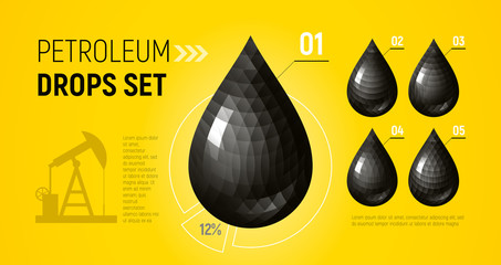 Petroleum black isolated drops set on yellow background