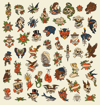 52 Hand drawn old school tattoo isolated icon vector image set