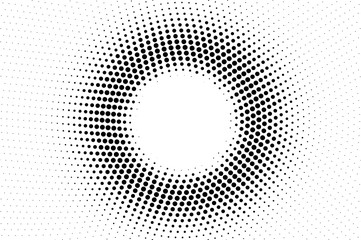 Black and white halftone vector texture. Textured centered dotted gradient. Round dotwork surface for vintage effect