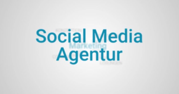 Animation welche das Portfolio einer Social Media Agentur zeigt (z.B. Strategie, Budget, Content, Planung). Grauer Hintergrund, blauer Text