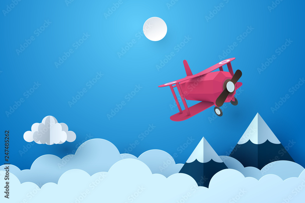 Wall mural paper art of plane flying through cloud at night, paper art concept and tourism idea