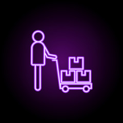 worker with a cart outline icon. Elements of Cargo logistic in neon style icons. Simple icon for websites, web design, mobile app, info graphics