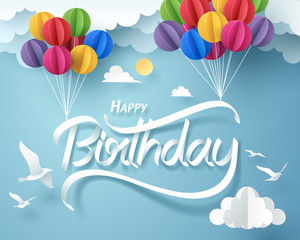 Paper art of happy birthday calligraphy hand lettering hanging with colorful balloon - 247485645