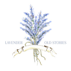 Watercolor hand drawn lavender logo. Provence  bouquet with lavender. Natural retro product emblem.
