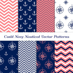 Nautical Patterns in Navy Blue, Coral Pink and White Chevron, Anchors and Compasses. Girly Marine Theme Backgrounds. Vector Repeating Pattern Tile Swatches Included.