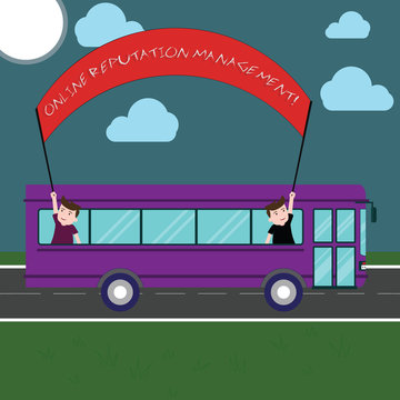 Writing Note Showing Online Reputation Management. Business Photo Showcasing Taking Control Of The Online Conversation Two Kids Inside School Bus Holding Out Banner With Stick On A Day Trip