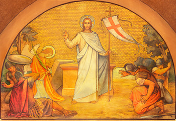 PRAGUE, CZECH REPUBLIC - OCTOBER 13, 2018: The fresco Resurrection of Jesus in church kostel Svatého Václava by S. G. Rudl (1900). - obrazy, fototapety, plakaty