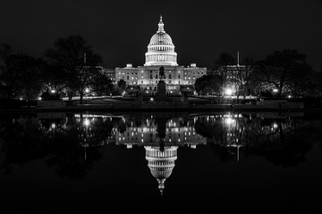 The United States Capitol at night, in Washington, DC