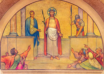 PRAGUE, CZECH REPUBLIC - OCTOBER 13, 2018: The fresco Judgmetn of Jesus before Pilate in church...