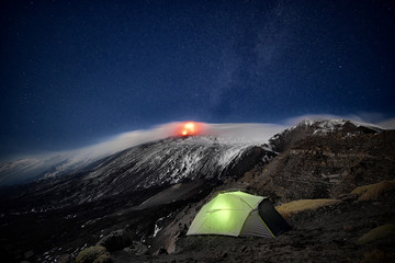 Wild Camp Under Eruption Etna Volcano, Sicily