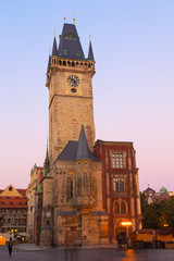 Fototapeta na wymiar Prauge - The Old Town hall in the morning dusk.