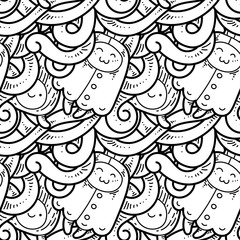 Seamless vector pattern with cute cartoon monsters and beasts. Nice for packaging, wrapping paper, coloring pages, wallpaper, fabric, fashion, home decor, prints etc