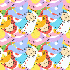 Seamless vector pattern with cute cartoon monsters and beasts. Nice for packaging, wrapping paper, coloring pages, wallpaper, fabric, fashion, home decor, prints etc