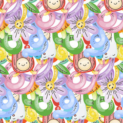 Naklejka premium Seamless vector pattern with cute cartoon monsters and beasts. Nice for packaging, wrapping paper, coloring pages, wallpaper, fabric, fashion, home decor, prints etc