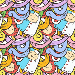 Seamless vector pattern with cute cartoon monsters and beasts. Nice for packaging, wrapping paper, coloring pages, wallpaper, fabric, fashion, home decor, prints etc