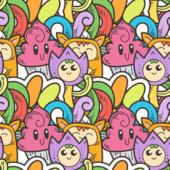 Obraz na płótnie Canvas Seamless vector pattern with cute cartoon monsters and beasts. Nice for packaging, wrapping paper, coloring pages, wallpaper, fabric, fashion, home decor, prints etc