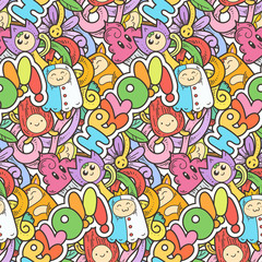 Obraz na płótnie Canvas Seamless vector pattern with cute cartoon monsters and beasts. Nice for packaging, wrapping paper, coloring pages, wallpaper, fabric, fashion, home decor, prints etc