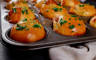 Mushrooms and meat with garlic baked in puff pastry.
