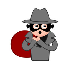 Surprised thief cartoon with a money bag. Vector illustration design