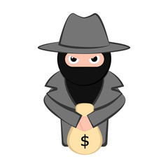Angry thief cartoon with a money bag. Vector illustration design